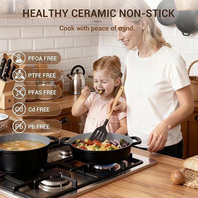 Ammeloo 8-Piece Ceramic Nonstick Cooking Pot Set with Lid, 4.5 Qt Soup Pot, All-in-One Stock Pot for All Stoves, Dishwasher Safe & Easy to Clean, Induction Ready, PFAS Free, for Stews, Soups & Pasta