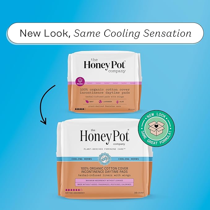 The Honey Pot Company - 64ct - Herbal Pads for Women - Organic Incontinence Daytime w/Wings. Infused w/Essential Oils for Cooling Effect & Postpartum Essentials - Feminine Care
