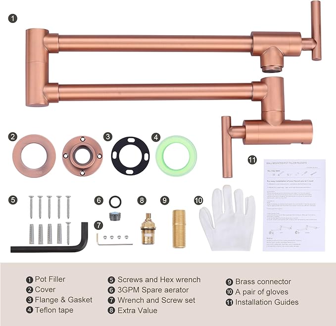 WOWOW Pot Filler Faucet Copper, Brass Pot Filler Wall Mount Kitchen Stove Faucet with Double Joint Swing Arms