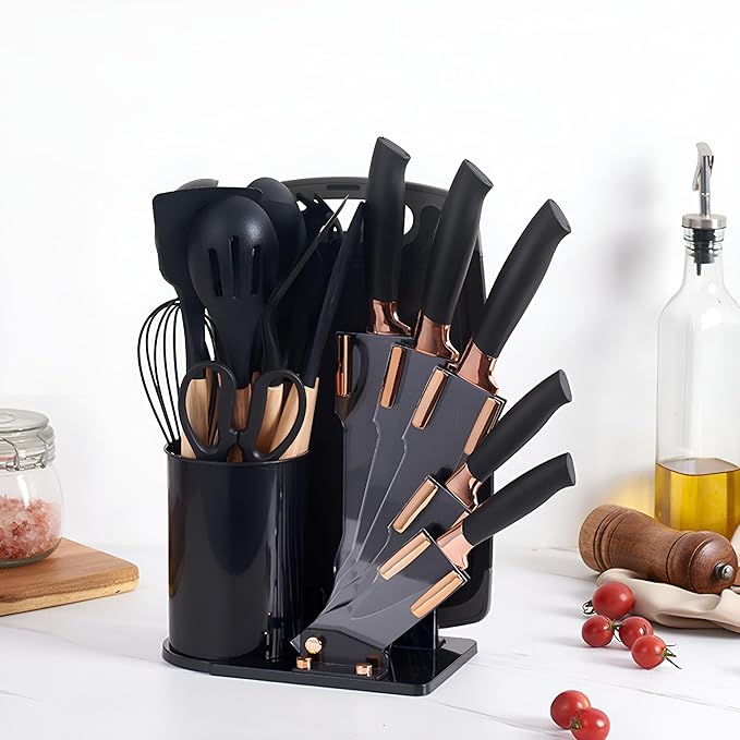 Kitchen Utensils Set and Knives Set,19-in-1 Kitchen Knife Set Include 11 PCS Silicone Cooking Utensils Set 5 PCS Sharp Stainless Steel Chef Knives Scissors and Cutting Board