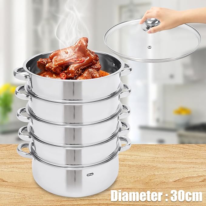 5-Layer Stainless Steel Steamer, 30CM Commercial Food-Grade Steamer Cookware Steaming Pot Tool w/Glass Lid Foods Steamers for Induction Cookers, Electric Ceramic Stoves, Gas Stoves (Silver, 30CM)
