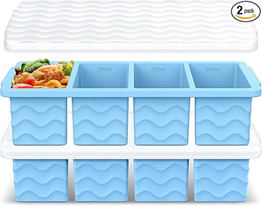 Silicone Freezer Tray for Soup with Lid – 1-Cup Soup Container Cube Style Ice Cube Trays for Freezer, Meal Prep & Food Storage, Freeze 250mL/125mL Portions – 2 Pack