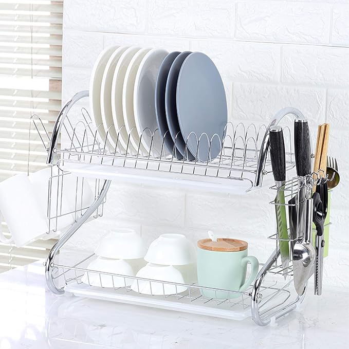 2 Tier Dish Racking System with Removable Drain Board - Sturdy Steel Kitchen Counter Organizer for Efficient Drying and Utensil Storage