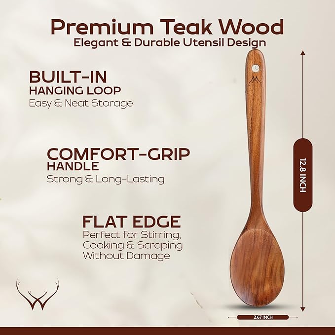 Premium Teak Wooden Spoon for Cooking with Large Spoon Rest - 12" Long Handle, Essential Wood Utensil Set for Kitchen & Perfect for Gifts