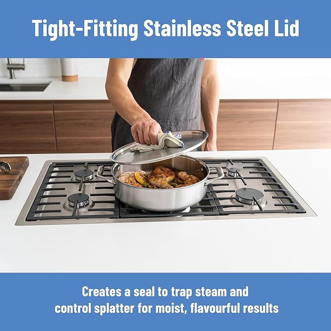 Misen 5-Ply Stainless Steel 6QT Rondeau – Wide, Flat Cooking Surface - Even Heating, Perfect Searing - Durable, Versatile Cookware – Oven-Safe to 800F, Induction Compatible