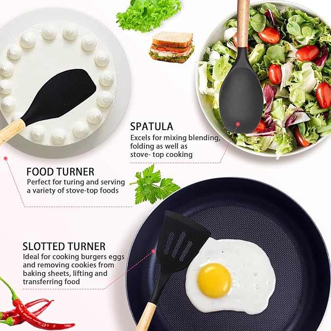 Kitchen Utensil Set,20 Pieces Kitchen Stainless Steel Knives Set Silicone Cooking Utensil with Wooden Handles,Home Kitchenware Accessories Cookware with Stand Block (Black)