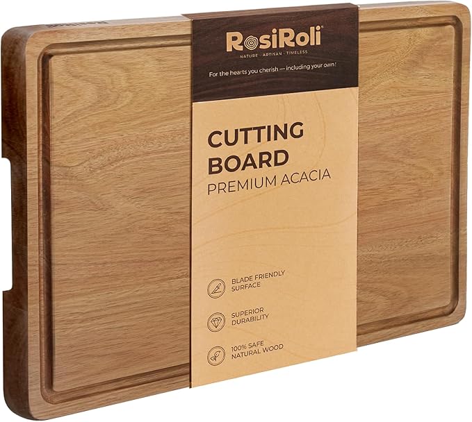 Acacia Wood Cutting Board for Kitchen - 17"x12" Large Chopping Board with Juice Grooves & Handles, 1" Thick FSC Certified Butcher Block Cutting Board for Meat and Veggies, Ideal Gift
