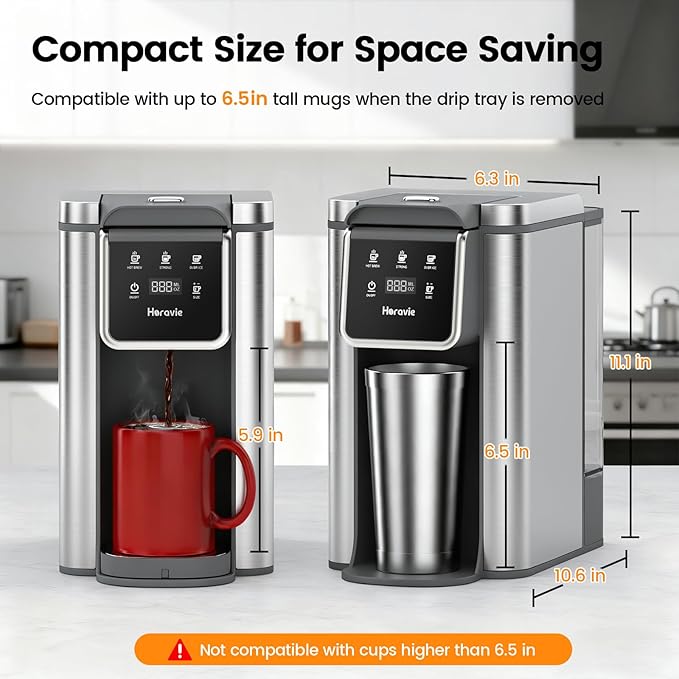 Single Serve Coffee Maker for K-Cup Pod and Grounds, Hot and Iced Coffee Maker, Strong Button Feature, 6 to 14oz Brew Sizes, 50oz Removable Tank, Up to 6.5 Inch Cup, Stainless Steel, Grey