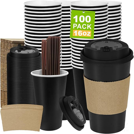100 Pack 16 oz Disposable Coffee Cups with Lids and Sleeves, To Go Coffee Cups with Lids, Leak-Proof Hot Coffee Cups, PLA Black Paper Coffee Cups for Hot Beverage