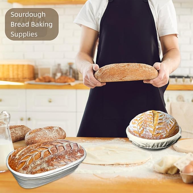 4 Color Complete sourdough bread makin Starter Kit,Sourdough Bread Baking Supplies for Beginner with Pot, Banneton Bread Proofing Baskets, Starter Jar, Scraper, Bread Making Tools & More (Blue)