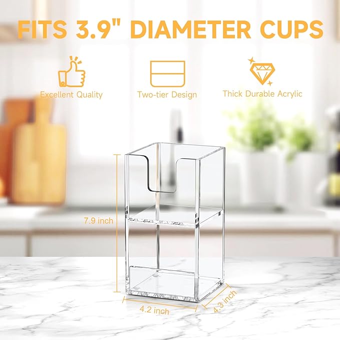 Coffee Condiment and Cup Organizer - 2-Tier Upright Cup and Lid Holder with Straw Organizer 2 Compartments Clear Acrylic Cup Dispenser for Restaurant Breakroom Coffee Station Countertop