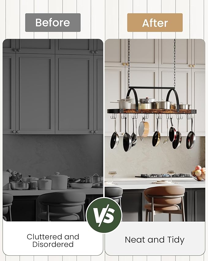 Hanging Pot Rack, Pot Hanger for Kitchen, Ceiling Mounted Pot Holder, Cookware Organizer with 24 S-Shaped Hooks, for Pot, Pan Storage, Space-Saving, Rustic Brown and Black TPR28BF