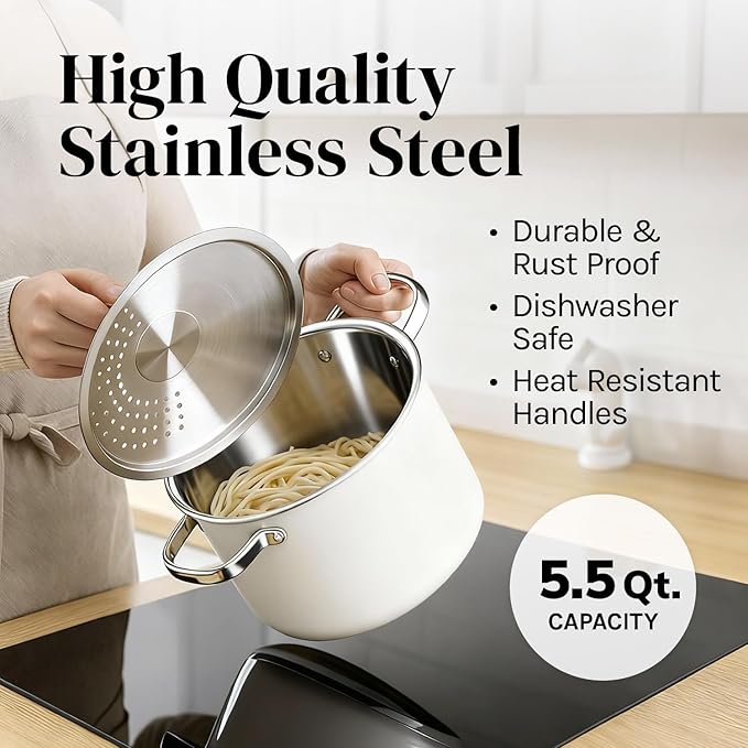 Pasta Pot with Strainer Lid - 5.5 Quart Large Spaghetti Pot - Twist & Lock for Easy Drain & No Colander Or Strainer Basket Insert Needed - Dishwasher Safe Pots