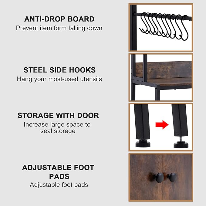 5-Tier Kitchen Bakers Rack with Storage,Industrial Microwave Oven Stand, Utility Storage Shelf,Free Standing Kitchen Utility Cart Storage Shelf Organizer with Hooks