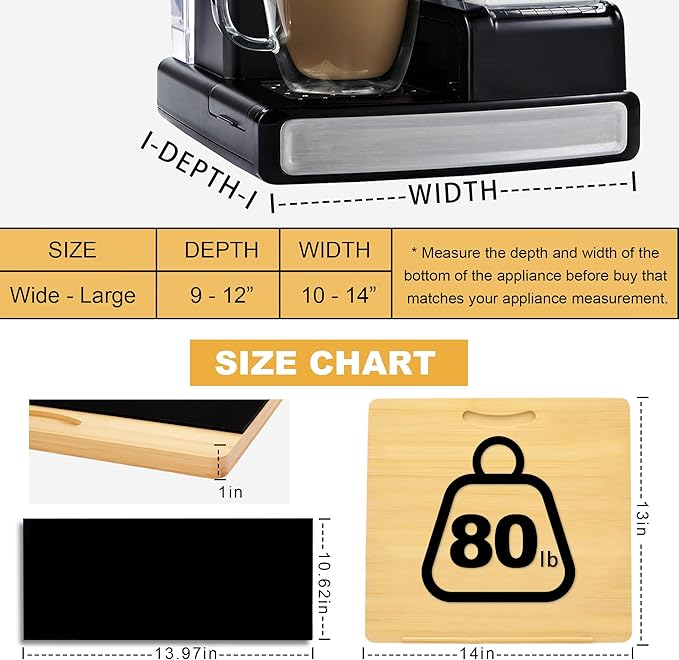 MinBoo Bamboo Appliance Slider,Sliding Tray for Coffee Maker, Kitchen Countertop Appliance Rolling Tray,Slides Easily from Under The Cabinet,Wide -Medium (14" Wx13 D)