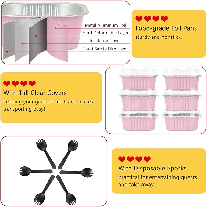 LNYZQUS 10oz/80pack Mini Cake Foil Pans with Lids, 4”x4” Large Cupcake Pan Disposable Ramekins,Small Brownie Baking Cups Square Muffin Tin Cheesecake Containers Holders-Pink