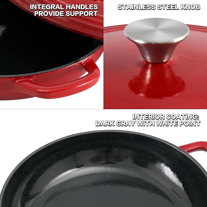 Braiser Enameled Cast Iron Braiser 3 qt Braiser Pan with Lid Red Shallow Cast Iron Casserole Braiser Pan with Handels