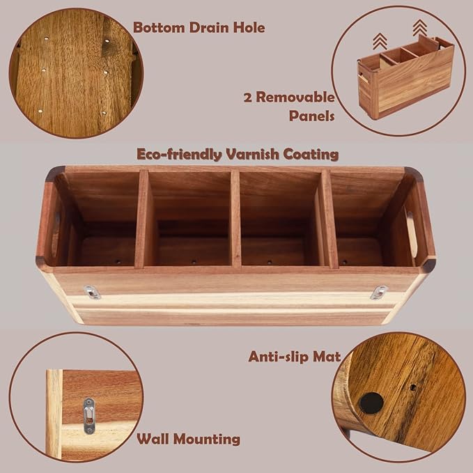 Acacia Wood Utensil Holder: Extra Large Utensil Organizer - 4 Compartment Kitchen Utensil Organizer for Countertop Or Wall
