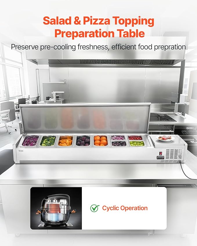 VEVOR Refrigerated Condiment Prep Station, 140 W Countertop Refrigerated Condiment Station, with Five 1/3 Pans & Four 1/6 Pans, 304 Stainless Body and PC Lid, Sandwich Prep Table with Stainless Guard
