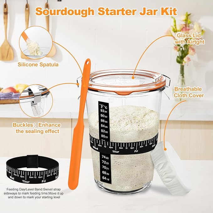 Sourdough Starter Kit, Sourdough Bread Baking Supplies, 9''Banneton Bread Proofing Basket with Glass Sour dough Starter Jar, Breads Scoring Tool,Breads Making Tools Gifts for Bakers Women Wife Mom