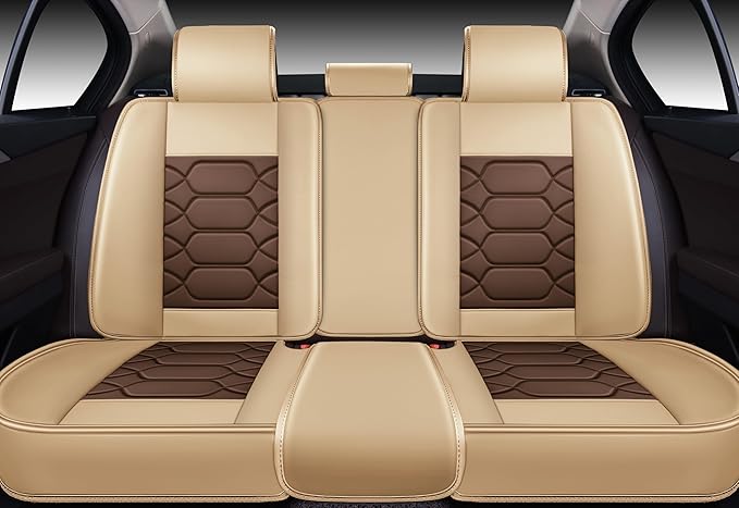 OASIS AUTO Car Seat Covers Full Set, Sporty Faux Leather with Honeycomb Pattern, Waterproof Universal Fit for SUV, Sedan, Pick-up Truck, Automotive Interior Accessories (OS-004 Coffee)