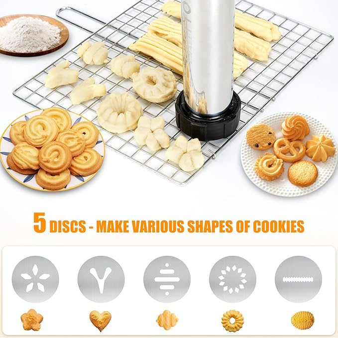 Churro Maker Machine, Stainless Steel Churros Gun Kit, 3-in-1 Multifunctional Cookie Press Hollow Churro with Piping Bag, 7 Piping Nozzles, 9 Cookie Discs & 2 Brushes, Easy to Clean
