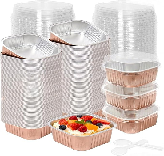 200 Pack 8 oz Champagne Square Mini Cake Pans with Lids, Aluminum Foil Square Brownie Baking Cups for Ramekins Muffin Cupcake Wedding Birthday Party