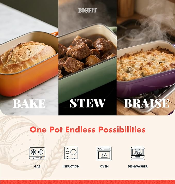 2 IN 1 Cast Iron Bread Loaf Pan with Lid, 3.4QT 9x5 Inch Dutch Oven for Bread Baking, Even Heating Bread Oven, Enameled Bread Pan for Homemade Sourdough Bread Baking & Versatile Cooking, Purple