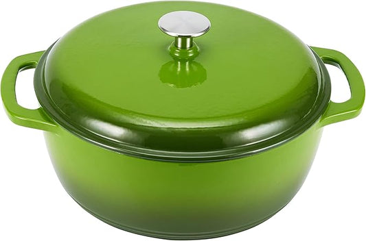 Amazon Basics Enameled Cast Iron Dutch Oven Pot with Lid, Round, Dual Handles, Heavy-Duty, Oven Safe, 6-Quart, Green