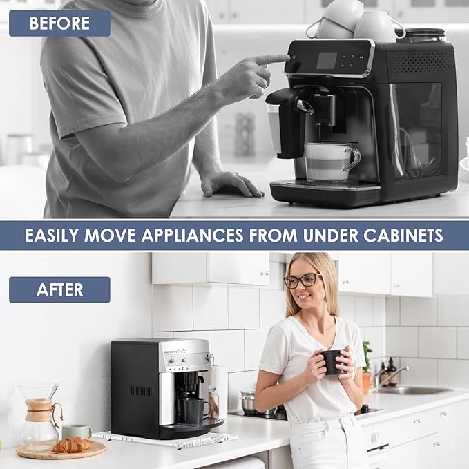 Sliding Tray for Coffee Maker, 9.8" x 14" Acrylic Appliance Sliders with Rubber Wheels, Coffee Pot Slider Tray for Countertop Moving, Stand Mixer, Toaster & Heavy Kitchen Appliances (Clear)