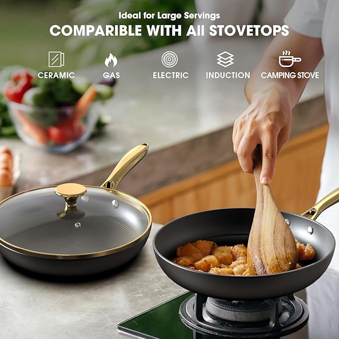 imarku Non Stick Frying Pans, 10 & 12 Inch Cast Iron Skillets with Lids, Frying Pan Set with Honeycomb Texture, Oven Safe & Induction Available, Ideal Kitchen Gift for Home Cooks
