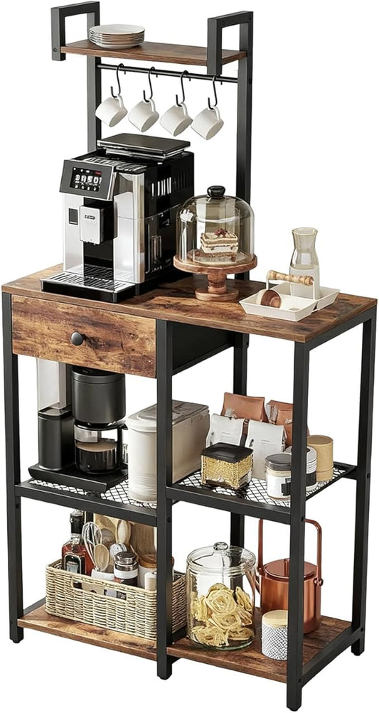 Kitchen Bakers Rack,Microwave Stand with Storage,Adjustable 6 Tier Coffee Bar Staion,Free Standing Bakers Rack with Drawer and Hooks,Kitchen Appliance Storage Shelf for Spices,Pots