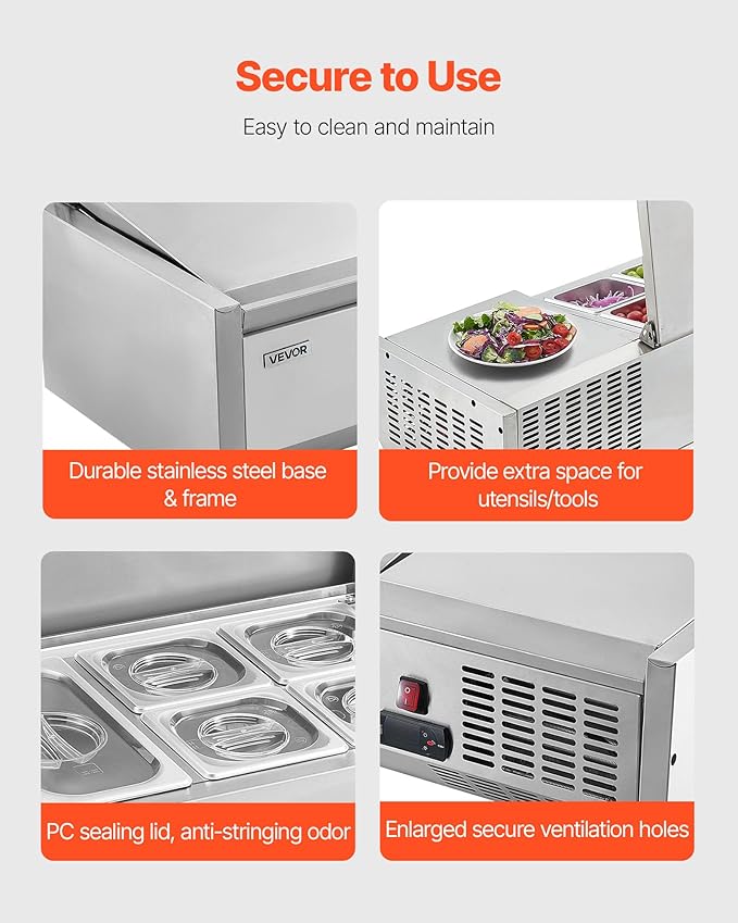 VEVOR Refrigerated Condiment Prep Station, 120 W Countertop Refrigerated Condiment Station, with One 1/3 Pan & Four 1/6 Pans, 304 Stainless Body and PC Lid, Sandwich Prep Table with Stainless Guard