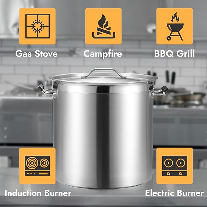 CURTA 32 Quart Large Stock Pot with Lid, NSF Listed, Induction Ready, 3-Ply Clad Base, 18/8 Stainless Steel Heavy Duty Cooking Pot, Commercial Cookware for Soup, Stew & Sauce, Riveted Silicone Handle