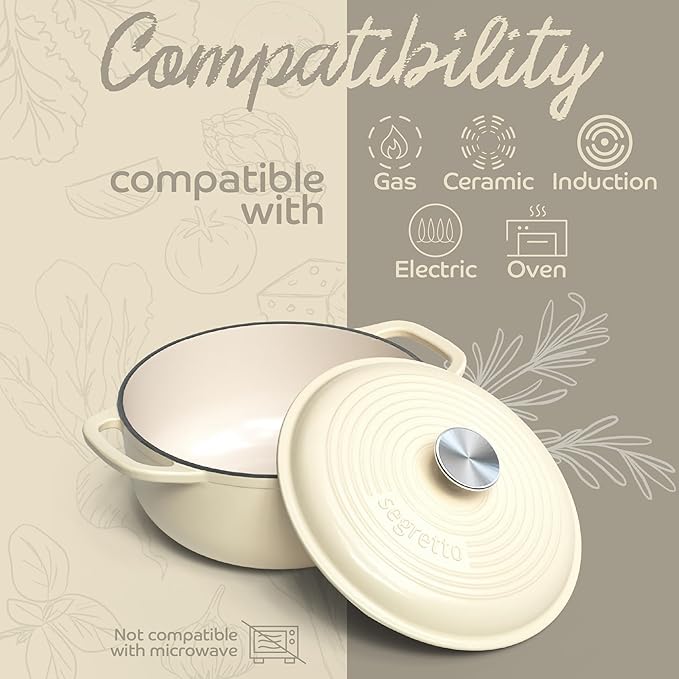 Segretto Cookware Enameled Cast Iron Dutch Oven Pot with Lid 4.57 Quarts, Bianco Perla (Off-White) White Enamel Dutch Oven Cast Iron with Handle Ceramic Cooking Pot for Bread Baking, Basting, Cooking
