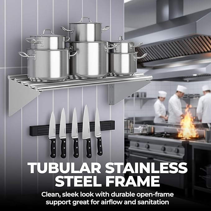 Premium Stainless Steel Tubular Wall Shelf – 60" L x 18" D | NSF Certified | Heavy-Duty Equipment & Appliance Shelf for Restaurant, Kitchen, Garage, Utility Room