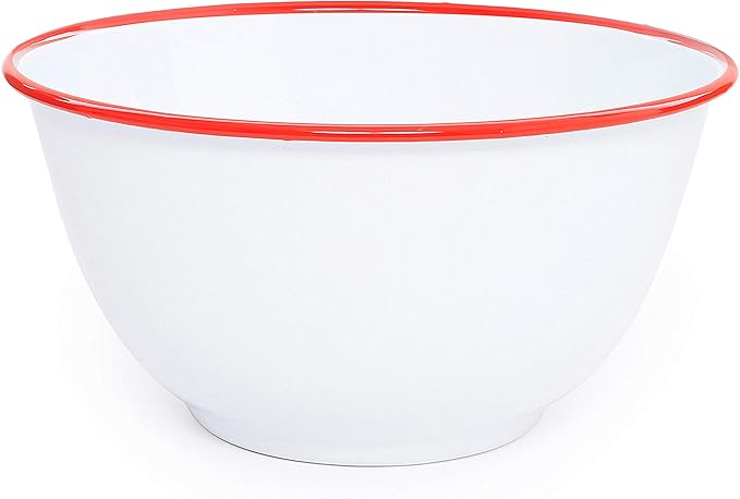 Crow Canyon Home Enamelware Salad Bowl, 5 quart, Vintage White/Red