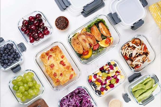 GENICOOK GC glass Food Storage Containers with Lids, Meal Prep Containers, Airtight Lunch Containers Bento Boxes with Snap Locking Lids for Microwave, Oven, Freezer and Dishwasher