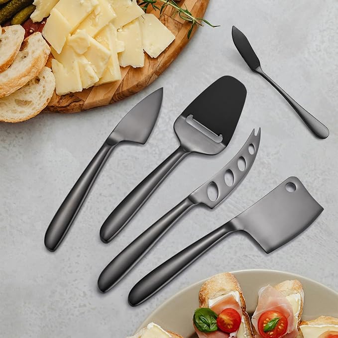 Black Cheese Knives Set with Dinning Knife Fork Spoon8 Pieces Stainless Steel Utensils Multifunctional Kitchen Gadget Baking Cooking Tool