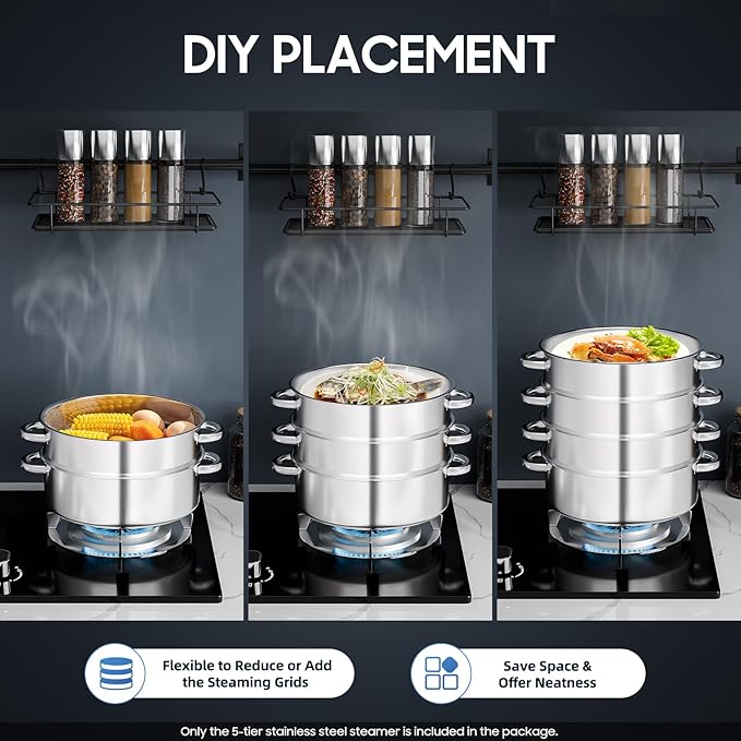 5-Tier Stainless Steel Steamer, Stainless Steel Steamer Basket Multi-Layer Cookware Steamer Pot Food Grade Steamer Pot with Glass Lid and Handles for Home Kitchen Restaurant Hotel (Silver A, 11inch)