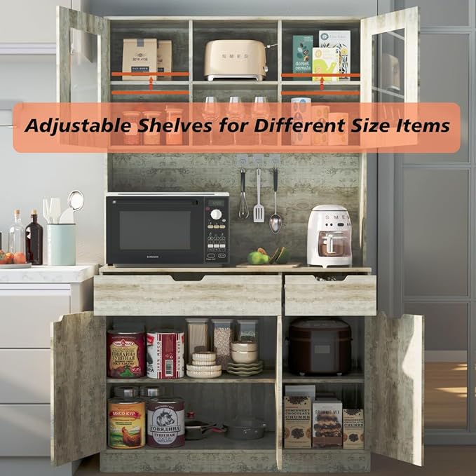 71" Tall Kitchen Pantry Storage Cabinet Large Farmhouse Hutch Cabinet with Microwave Stand, Charging Station, Adjustable Shelves, Countertop for Dining Room, Living Room, Grey