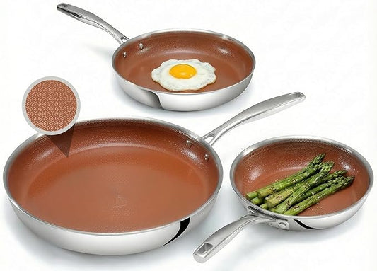Gotham Steel Hybrid 3pc Stainless Steel Non Stick Frying Pans Set, 8,10,12 inch Ceramic Frying Pan Skillet Set, Induction Ready, Made without PFAS & PFOA, Oven and Dishwasher Safe - Copper