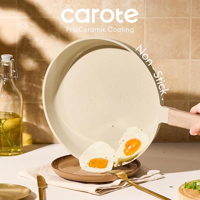 CAROTE 10" Frying Pan Set, Non-Toxic PTFE & PFOA Free Fry Pan & Omelet Pan, Compatible with Induction, Ceramic, Gas Cooktops