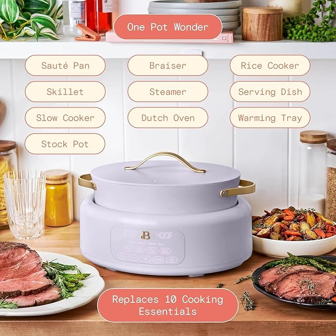 10-in-1 Electric Multi-Cooker by 6-quart, digital display, 10 cooking functions, non-stick pot, easy one-touch control (Lavender)