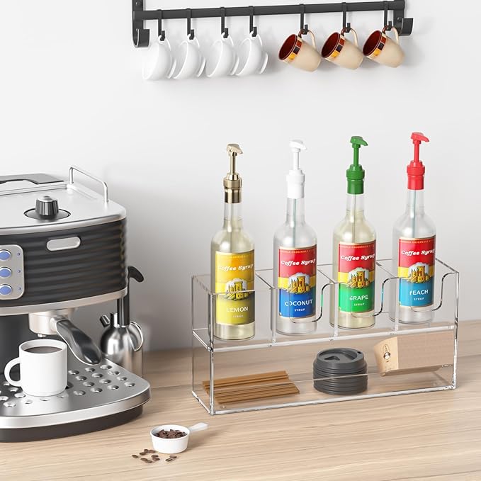 Coffee Condiment and Cup Organizer - 2-Tier Upright Cup and Lid Holder with Straw Organizer 5 Compartments Clear Acrylic Cup Dispenser for Restaurant Breakroom Coffee Station Countertop