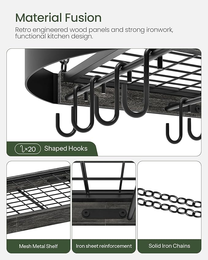 39.4-Inch Hanging Pot Rack, Space-Saving Pot Hanger for Kitchen, Ceiling Pan Hanging Rack with 16 Detachable S Hooks, Sturdy Metal Frame, Industrial Style, Charcoal Black and Black TPR10BC