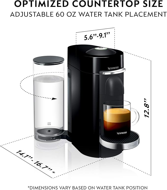 Nespresso VertuoPlus Deluxe Coffee and Espresso Machine Bundle with Aeroccino Milk Frother by De'Longhi, Black