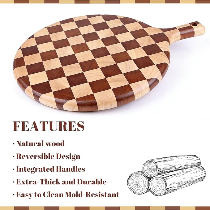 Checkered Round Cutting Board with Handle for Kitchen Decor, 17"L x 13"W x 1" Thick – Wooden Chopping, Cheese & Charcuterie Board in Acacia Wood, Decorative Serving Platter for Meat, Bread & Pizza
