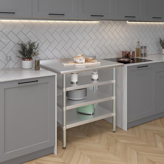AmGood Stainless Steel Work Table with 1.5" Backsplash and 3 Shelves | Metal Kitchen Food Prep Table | NSF (36" Long x 24" Deep)