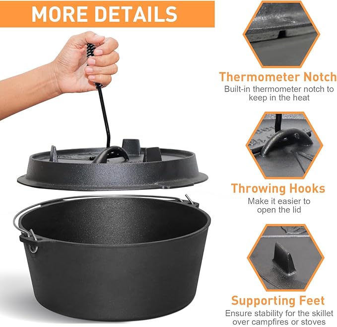 Camping Dutch Oven, 9 Qt Pre-Seasoned Cast Iron Camp Dutch Oven Pot with Lid - Lid Lifter, Cast Iron Dutch Oven with Metal Handle for Cooking BBQ Baking Campfire Modern Black